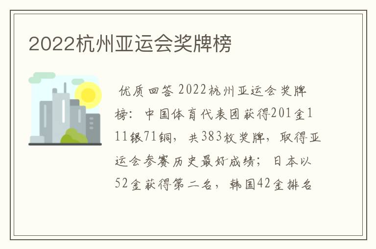 2022杭州亚运会奖牌榜