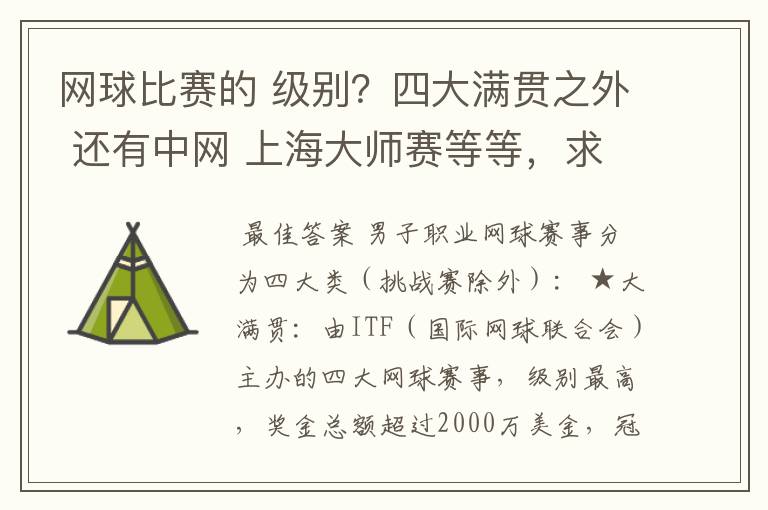 网球比赛的 级别？四大满贯之外 还有中网 上海大师赛等等，求详细的级别序列？