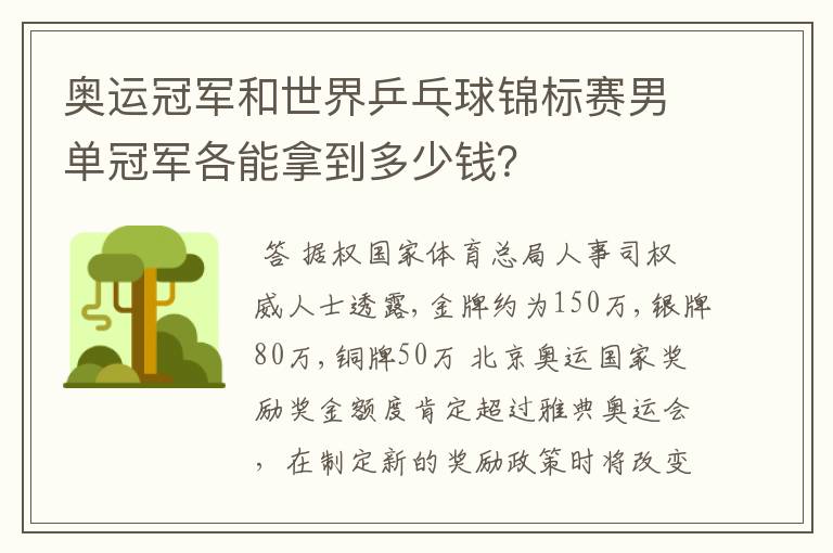 奥运冠军和世界乒乓球锦标赛男单冠军各能拿到多少钱？