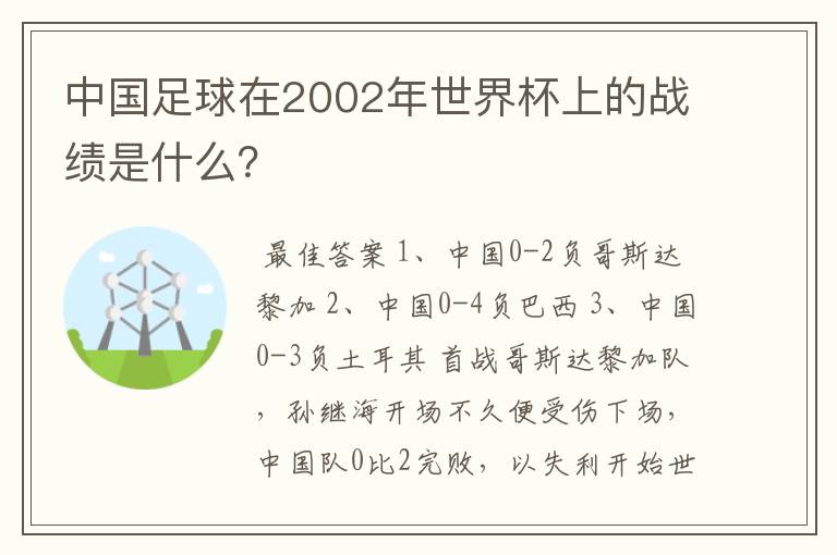 中国足球在2002年世界杯上的战绩是什么？