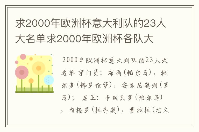 求2000年欧洲杯意大利队的23人大名单求2000年欧洲杯各队大