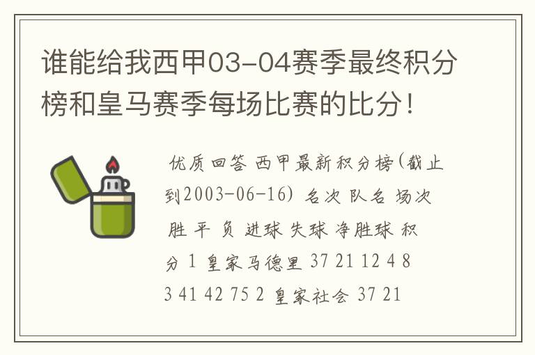 谁能给我西甲03-04赛季最终积分榜和皇马赛季每场比赛的比分！