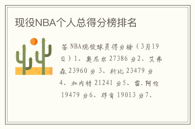 现役NBA个人总得分榜排名