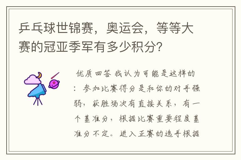 乒乓球世锦赛，奥运会，等等大赛的冠亚季军有多少积分？