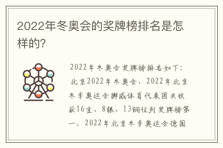 2022年冬奥会的奖牌榜排名是怎样的？