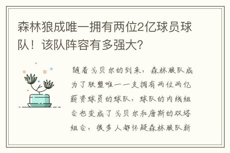 森林狼成唯一拥有两位2亿球员球队！该队阵容有多强大？