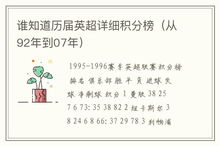 谁知道历届英超详细积分榜（从92年到07年）