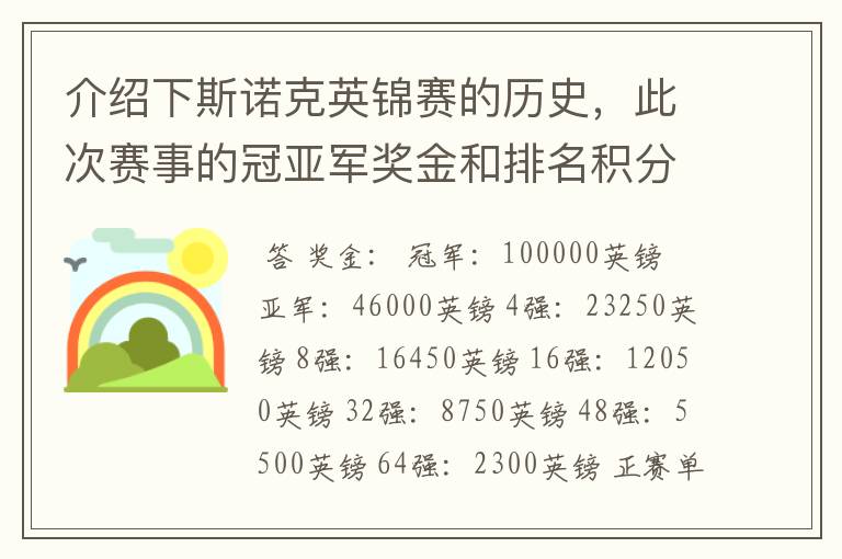 介绍下斯诺克英锦赛的历史，此次赛事的冠亚军奖金和排名积分各是多少？