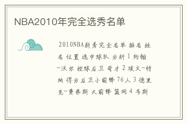 NBA2010年完全选秀名单