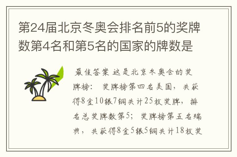 第24届北京冬奥会排名前5的奖牌数第4名和第5名的国家的牌数是多少？