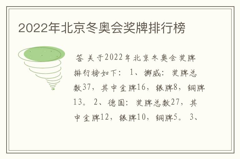 2022年北京冬奥会奖牌排行榜