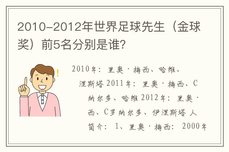 2010-2012年世界足球先生（金球奖）前5名分别是谁？