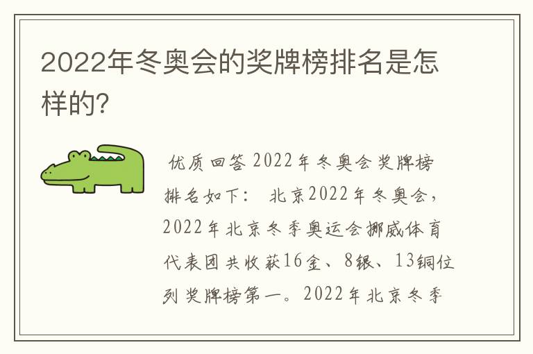 2022年冬奥会的奖牌榜排名是怎样的？