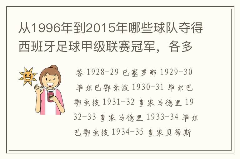 从1996年到2015年哪些球队夺得西班牙足球甲级联赛冠军，各多少次