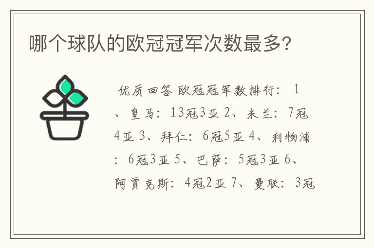 哪个球队的欧冠冠军次数最多?