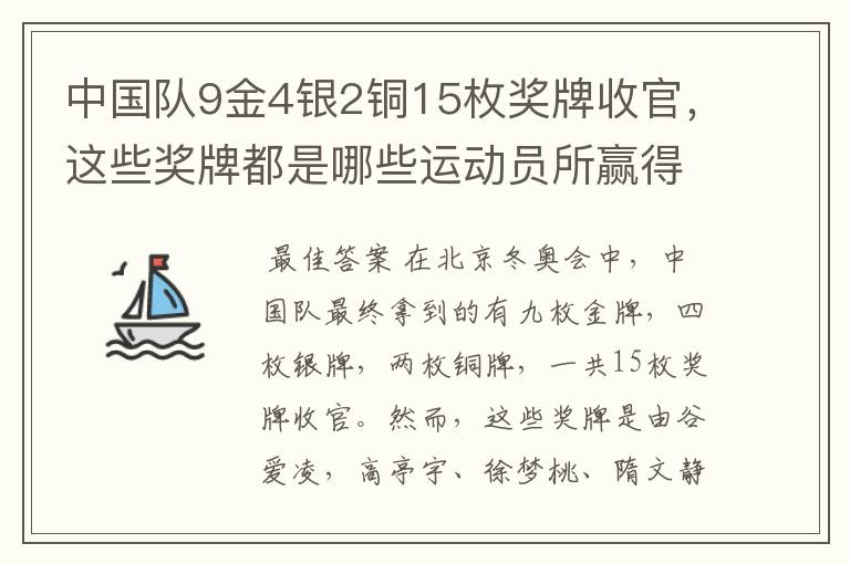 中国队9金4银2铜15枚奖牌收官，这些奖牌都是哪些运动员所赢得的？