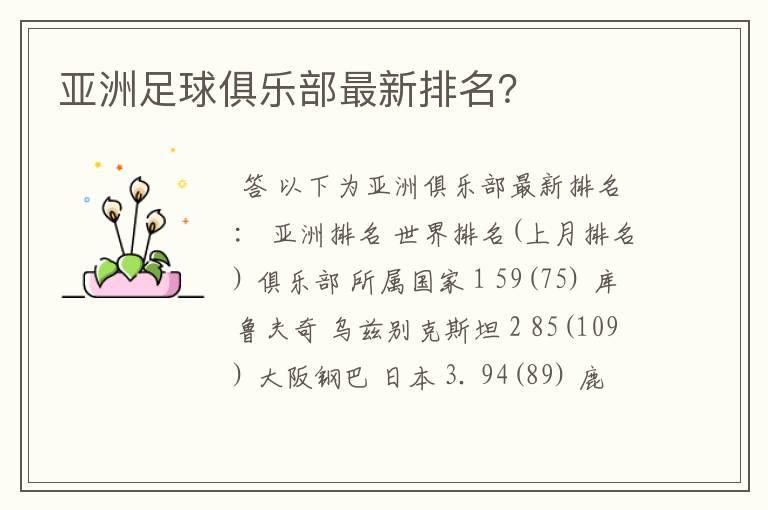 亚洲足球俱乐部最新排名？