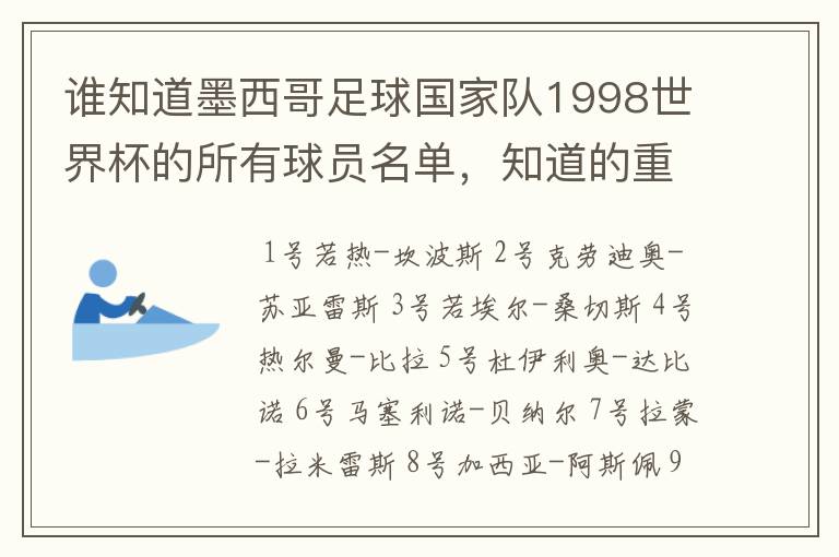 谁知道墨西哥足球国家队1998世界杯的所有球员名单，知道的重赏