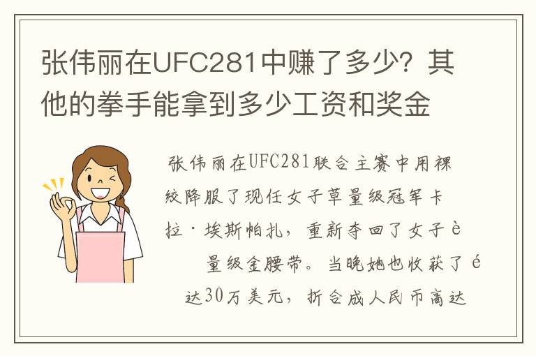 张伟丽在UFC281中赚了多少？其他的拳手能拿到多少工资和奖金？