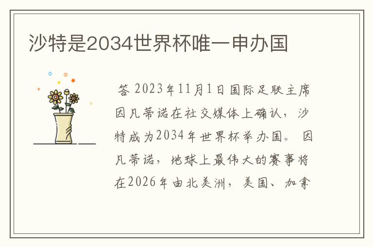 沙特是2034世界杯唯一申办国