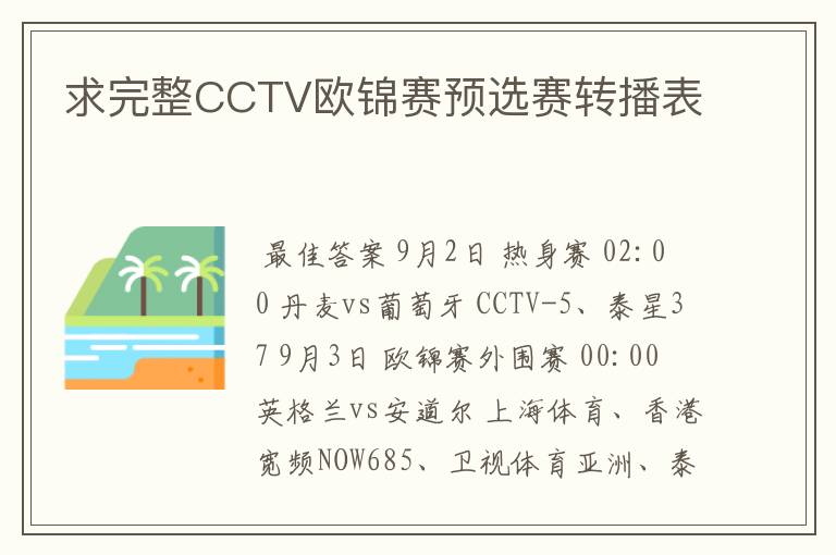 求完整CCTV欧锦赛预选赛转播表