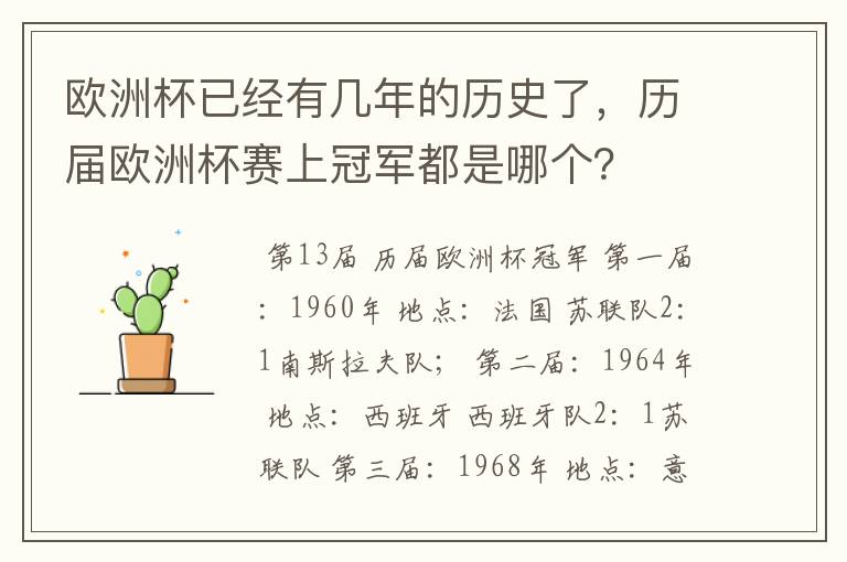 欧洲杯已经有几年的历史了，历届欧洲杯赛上冠军都是哪个？