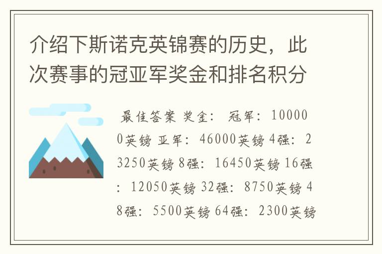 介绍下斯诺克英锦赛的历史，此次赛事的冠亚军奖金和排名积分各是多少？