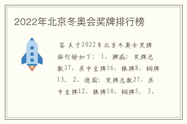 2022年北京冬奥会奖牌排行榜