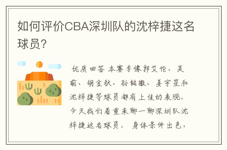 如何评价CBA深圳队的沈梓捷这名球员？