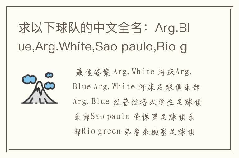 求以下球队的中文全名：Arg.Blue,Arg.White,Sao paulo,Rio green,Gio red,Urawa