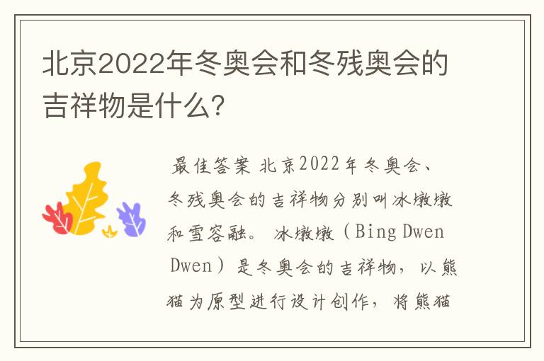 北京2022年冬奥会和冬残奥会的吉祥物是什么？