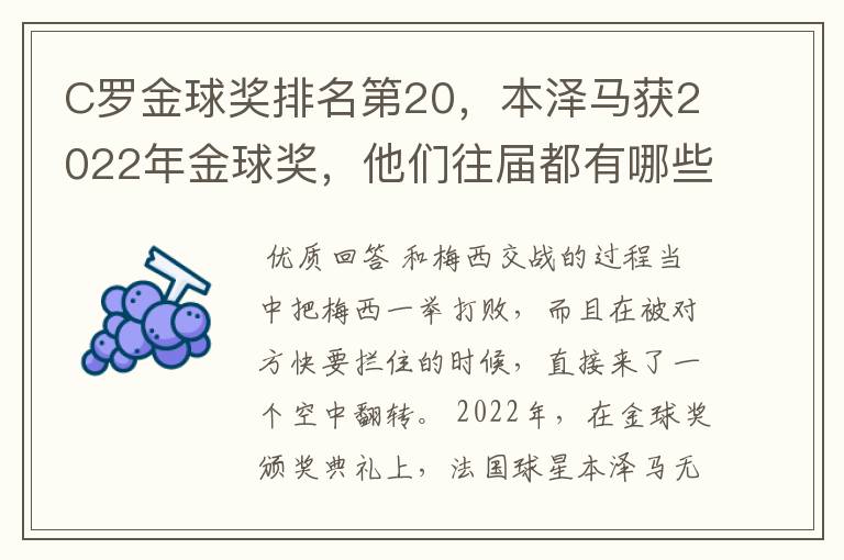 C罗金球奖排名第20，本泽马获2022年金球奖，他们往届都有哪些成绩？