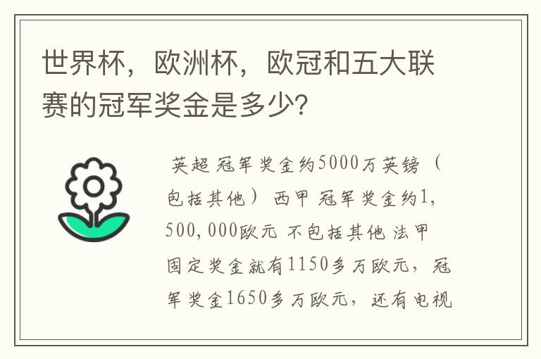 世界杯，欧洲杯，欧冠和五大联赛的冠军奖金是多少？