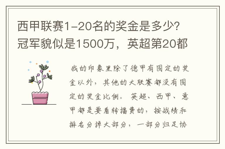 西甲联赛1-20名的奖金是多少？冠军貌似是1500万，英超第20都是4000万呀！