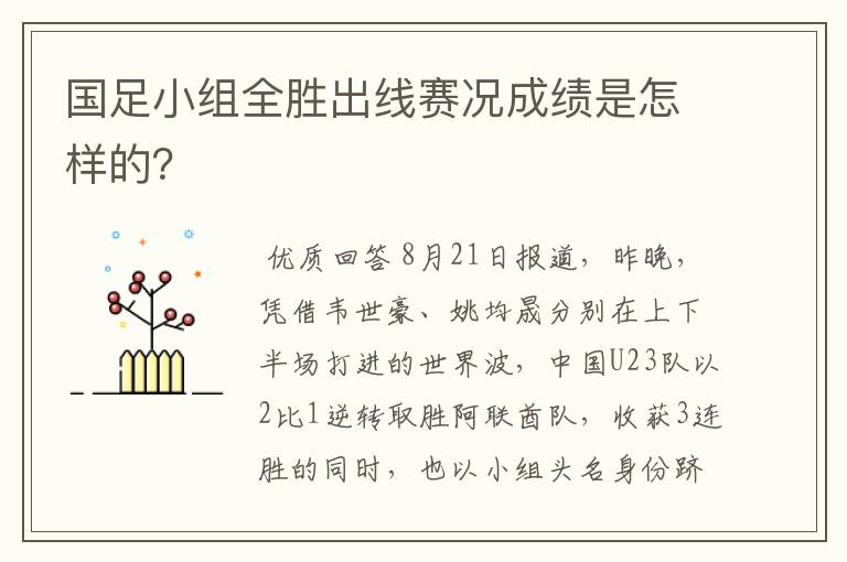 国足小组全胜出线赛况成绩是怎样的？