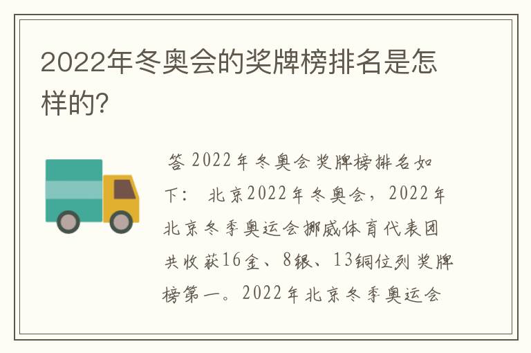 2022年冬奥会的奖牌榜排名是怎样的？