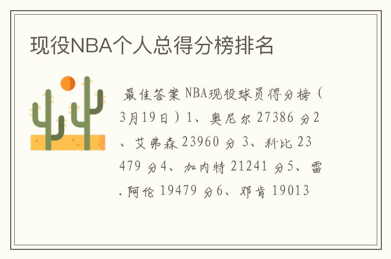 现役NBA个人总得分榜排名