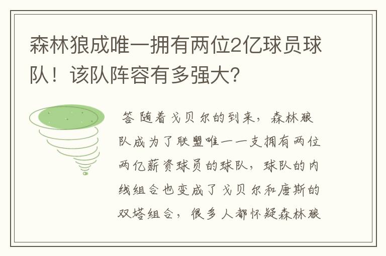 森林狼成唯一拥有两位2亿球员球队！该队阵容有多强大？