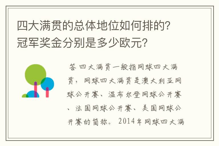 四大满贯的总体地位如何排的？冠军奖金分别是多少欧元？