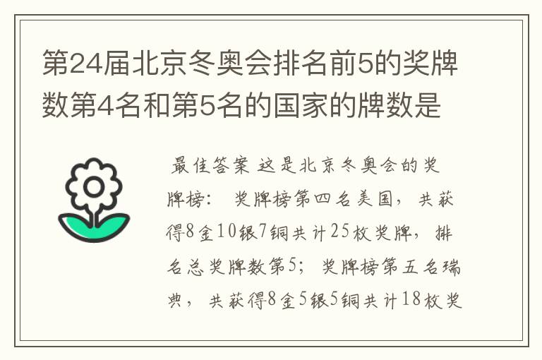 第24届北京冬奥会排名前5的奖牌数第4名和第5名的国家的牌数是多少？