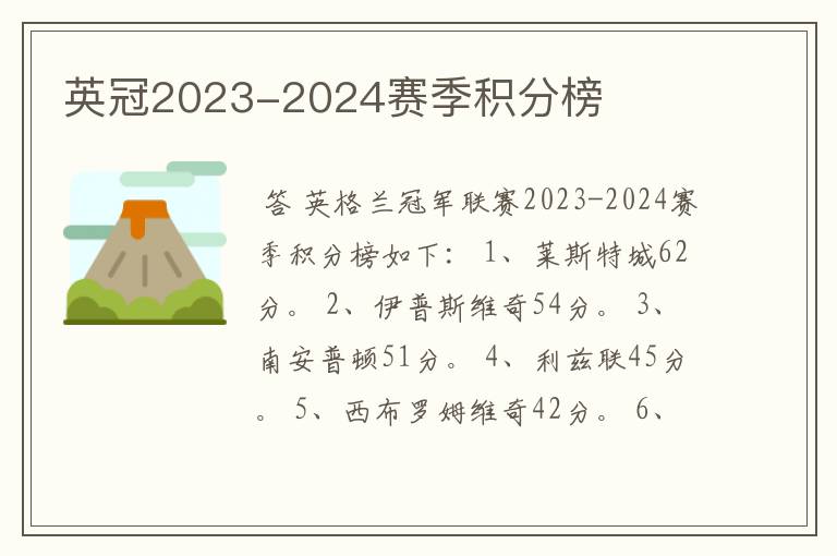 英冠2023-2024赛季积分榜