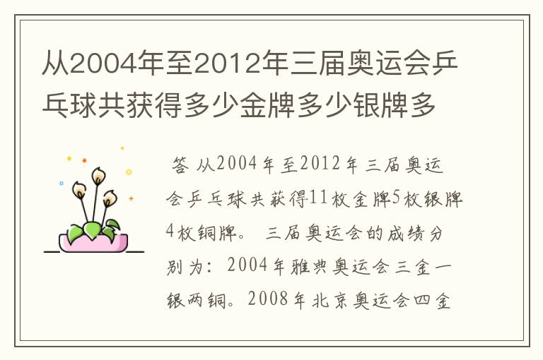 从2004年至2012年三届奥运会乒乓球共获得多少金牌多少银牌多少铜牌