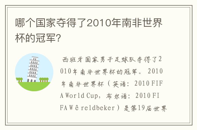 哪个国家夺得了2010年南非世界杯的冠军?