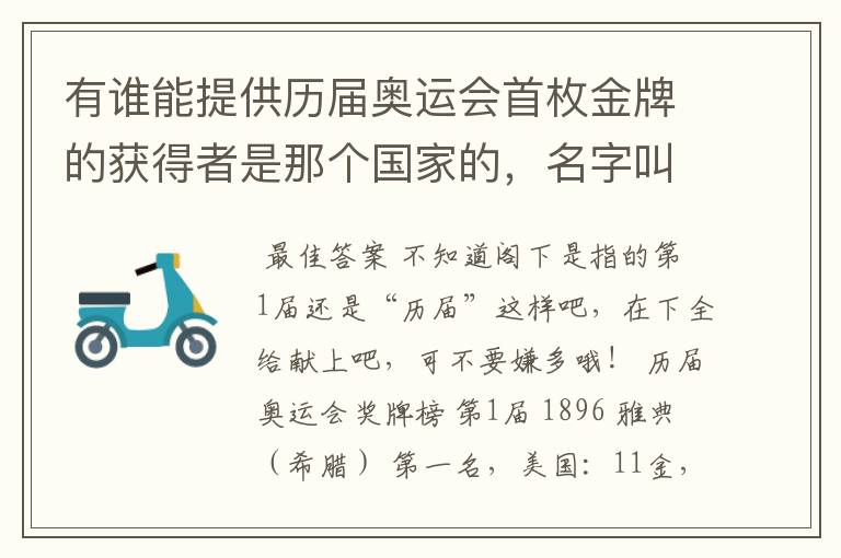 有谁能提供历届奥运会首枚金牌的获得者是那个国家的，名字叫什么？是在那个项目上获得的？