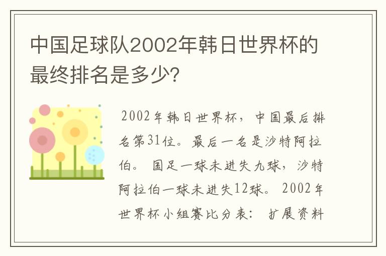 中国足球队2002年韩日世界杯的最终排名是多少？