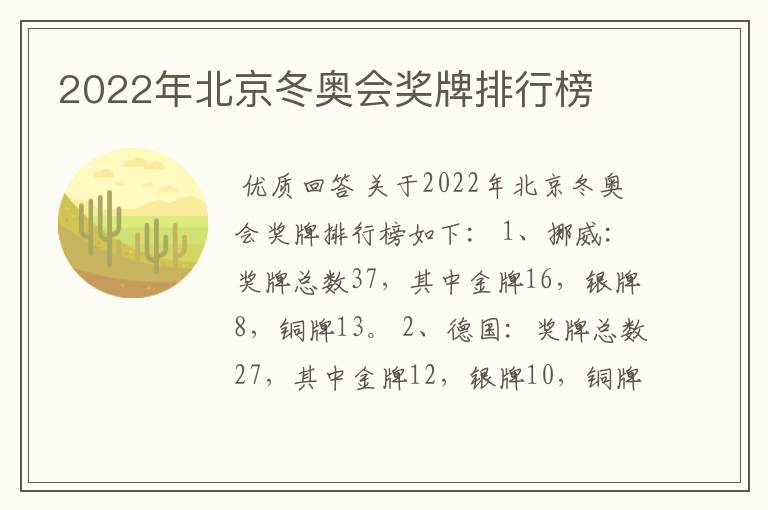 2022年北京冬奥会奖牌排行榜