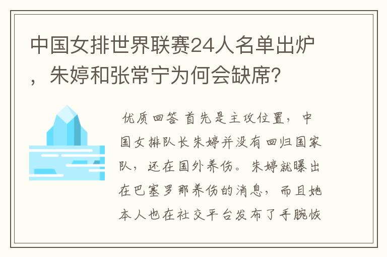 中国女排世界联赛24人名单出炉，朱婷和张常宁为何会缺席？