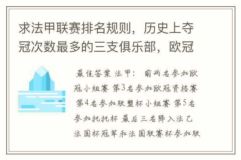 求法甲联赛排名规则，历史上夺冠次数最多的三支俱乐部，欧冠晋级球队数及最近三年最佳射手。