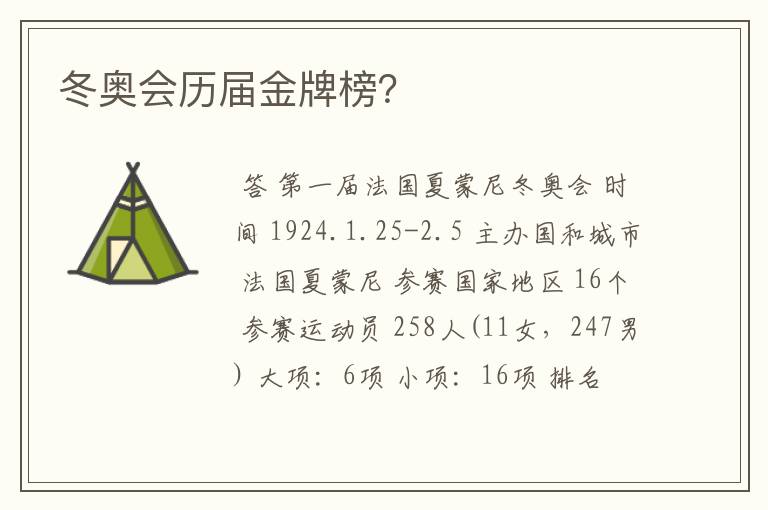 冬奥会历届金牌榜？