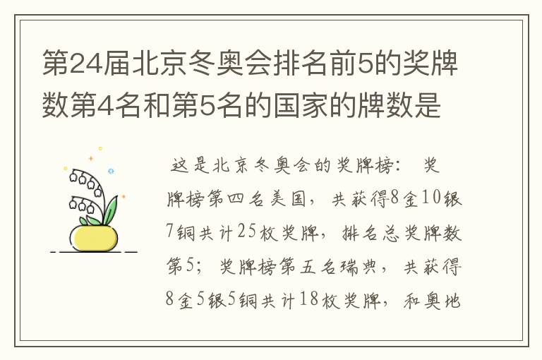 第24届北京冬奥会排名前5的奖牌数第4名和第5名的国家的牌数是多少？